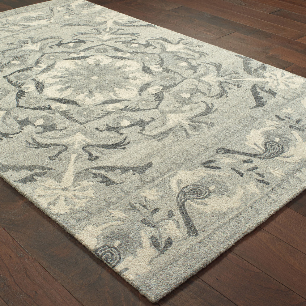 Cecilia Hand-tufted Wool Bordered Medallion Ash/Ivory Area Rug, 5'x8'