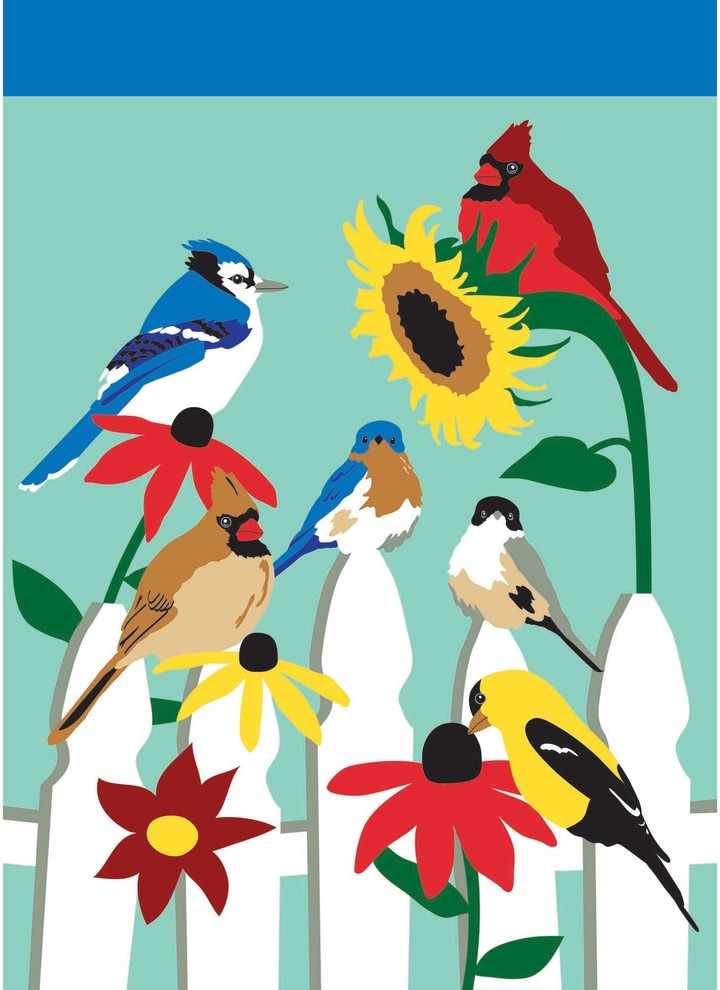 Double Applique Birds on Fence Polyester Garden Flag