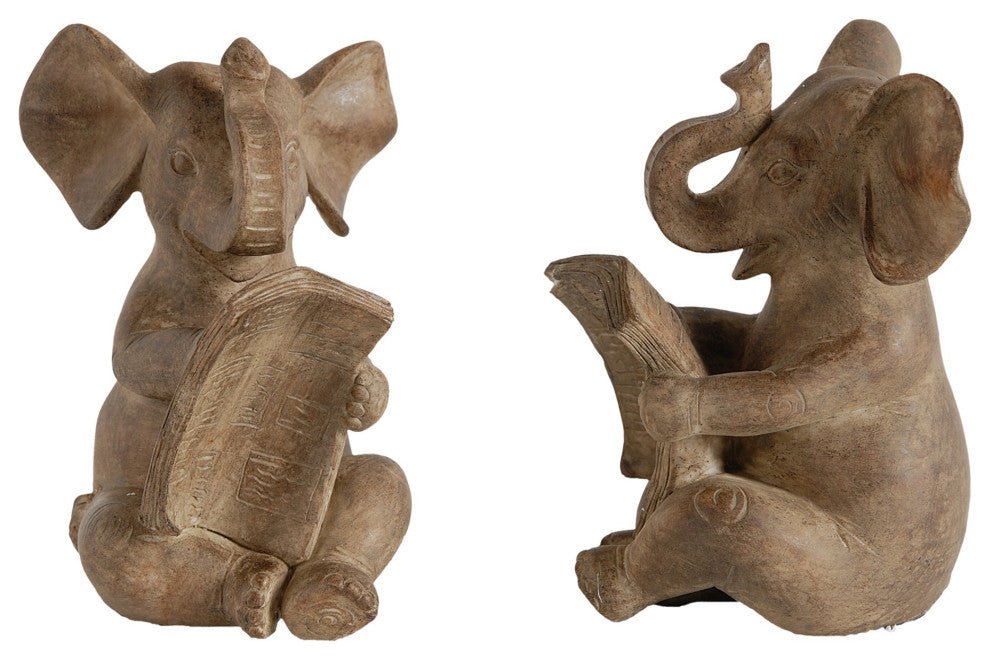 Benzara BM284984 2-Piece Set Bookends, Reading Elephant Statuettes, Brown