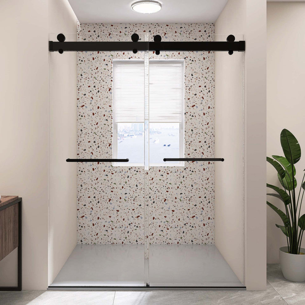 72" W x 79" H Double Sliding Frameless Shower Door, Matte Black;, 72" X 79";