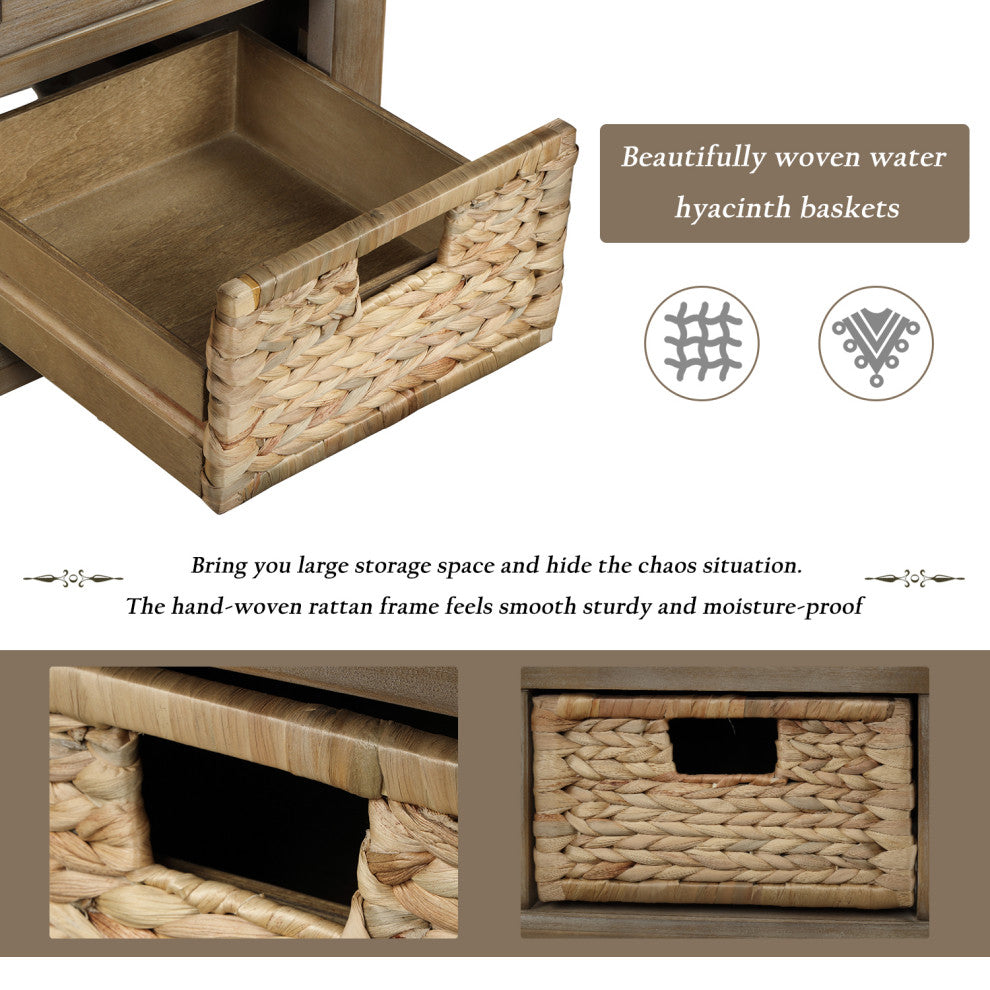TATEUS 42" Rustic Storage Bench With 3 Drawers and 3 Rattan Baskets, White Washed