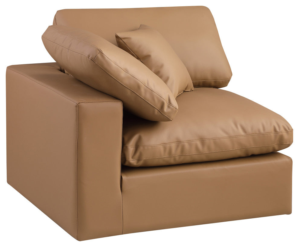 Comfy Beige Linen Textured Fabric Modular Chair, Cognac, Vegan Leather, Corner Chair