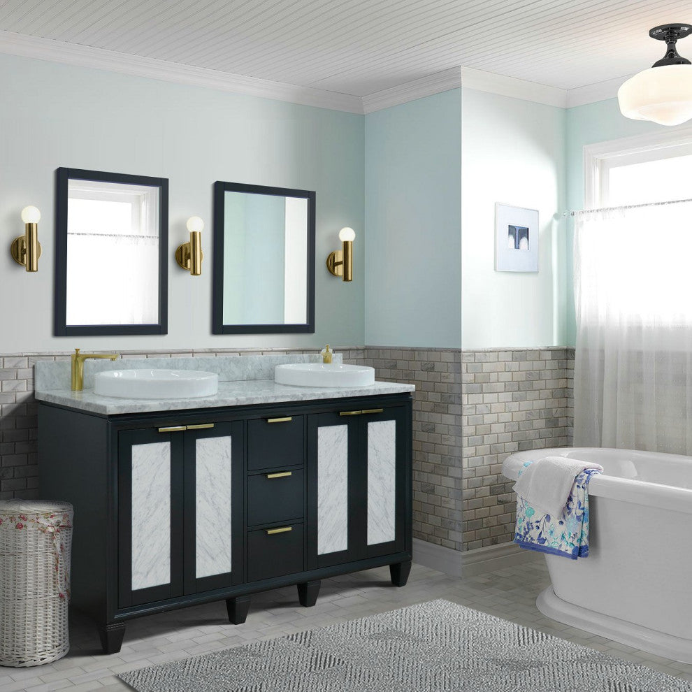 61" Double Sink Vanity, Dark Gray Finish With White Carrara Marble