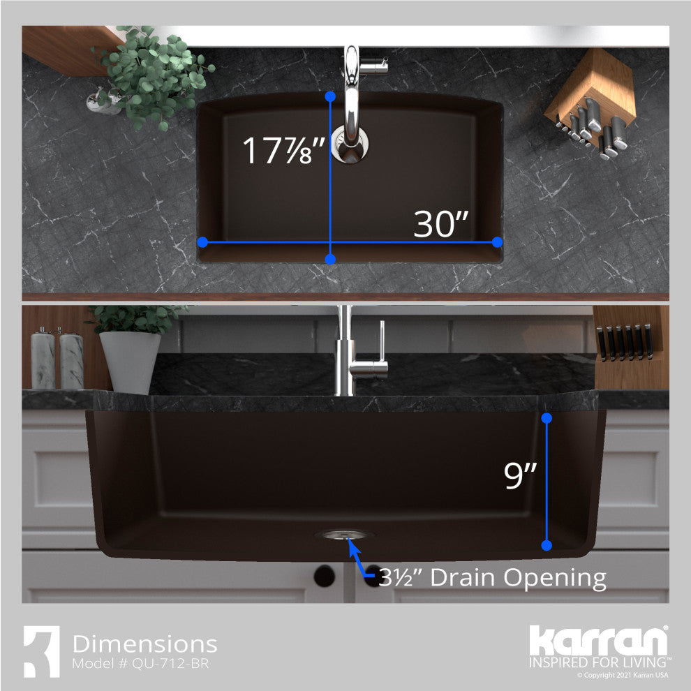 Karran Undermount Quartz 32" Single Bowl Kitchen Sink Kit, Brown