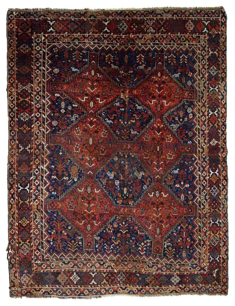 Handmade antique Persian Khamseh rug 6' x 6.4' (156cm x 194cm) 1900s