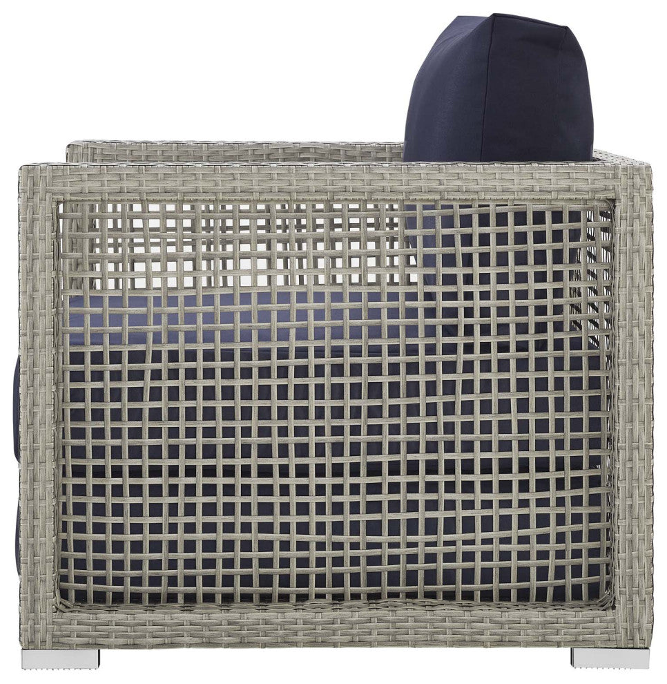 Modern Outdoor Sofa, Chair and Coffee Table Set, Rattan Fabric, Gray Navy Blue