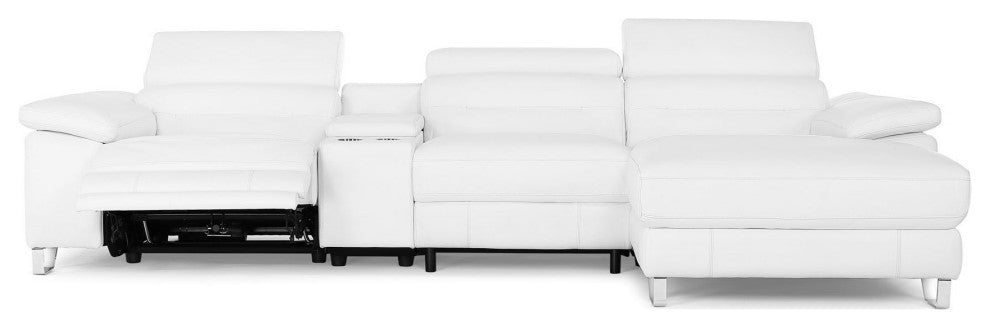 Monaco White Reclining Leather Sectional with Console, Right Chaise