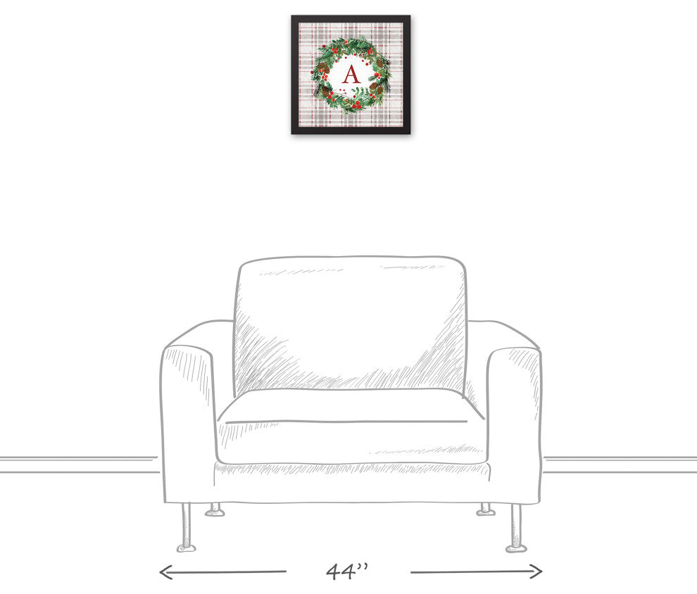 Holiday Gray Plaid Monogram Wreath A 12x12 Black Framed Canvas
