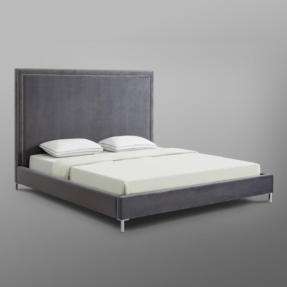 Giovanna Nailhead Trim Platform Bed, Gray Velvet, Queen