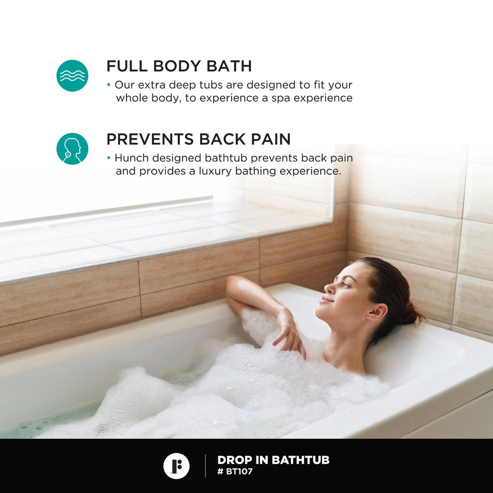 Drop-In White Soaking Bathtub, Fiberglass Acrylic, 54"l X 30"w X 19"h