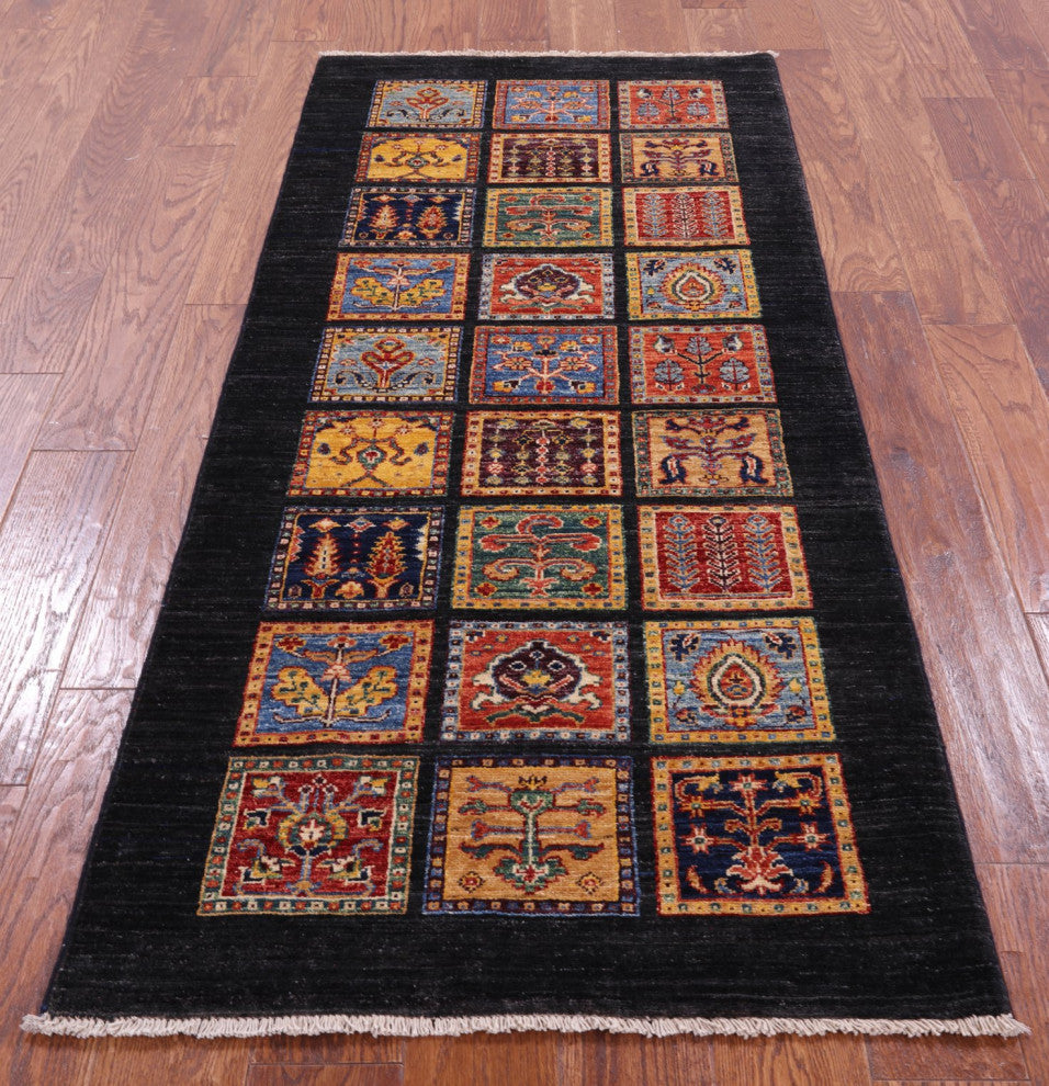 2' 8" X 6' 0" Black Persian Garden Design Hand-Knotted Runner Rug Q10689