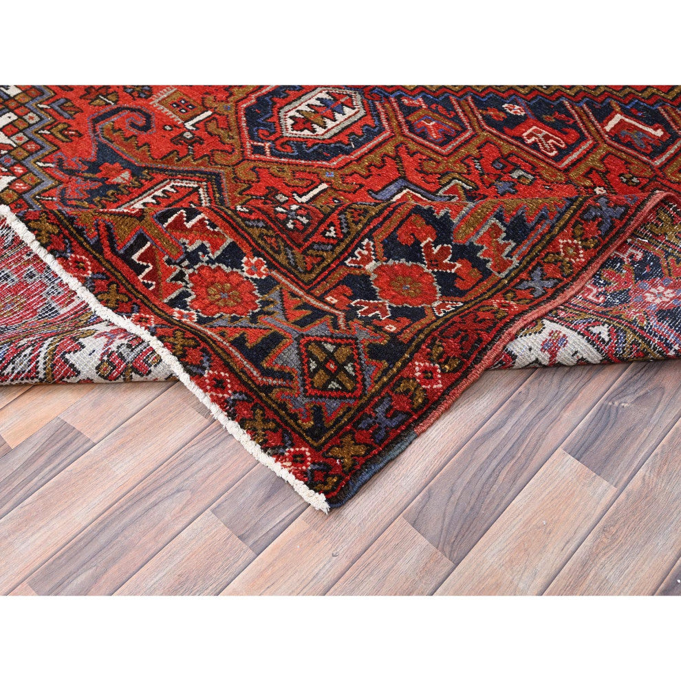 Raspberry Red Worn Wool Hand Knotted Semi Antique Persian Heriz Rug 7'9"x11'