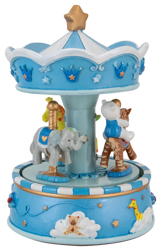 6.5" Children''s Blue Rotating Sleepy Time Animal Friends Carousel Music Box