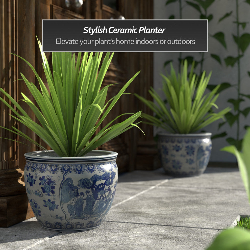 14" Ladies Blue and White Porcelain Fishbowl