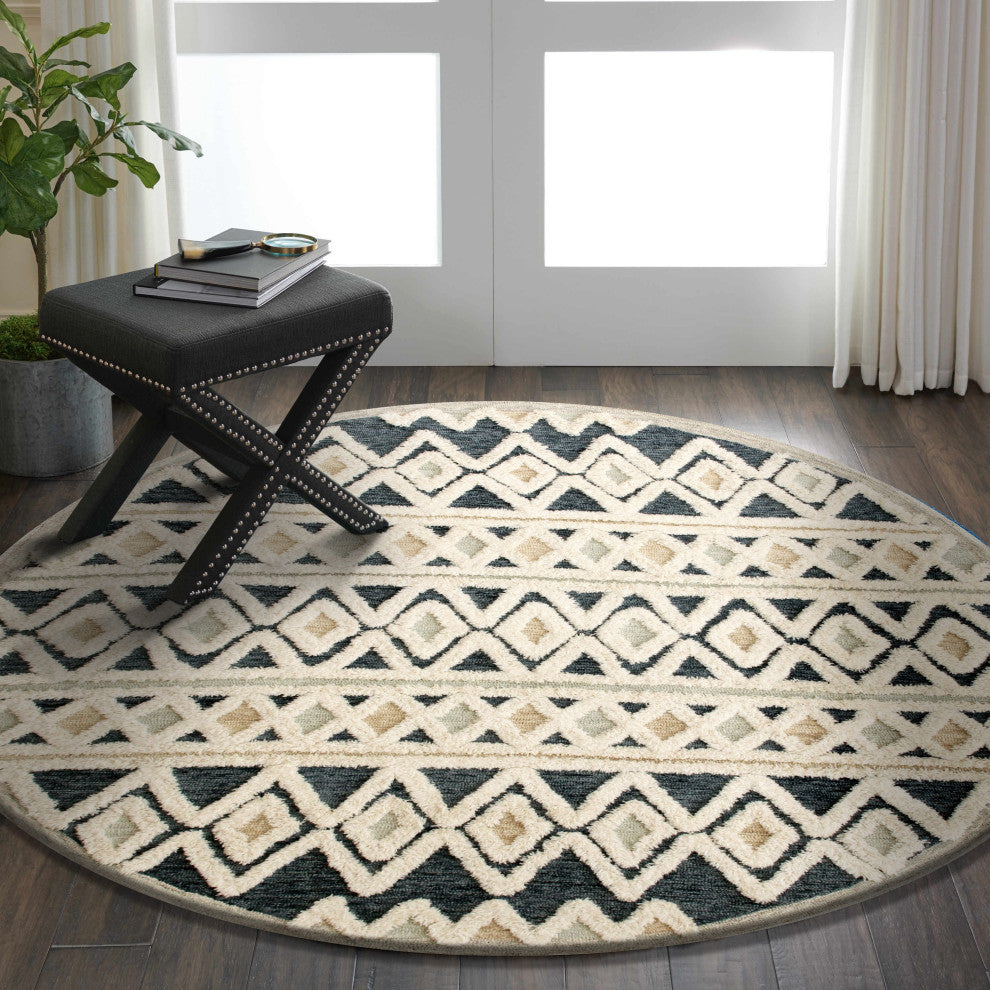 Tufted Geometric Diamonds and Stripes Round Rug, 6' Round