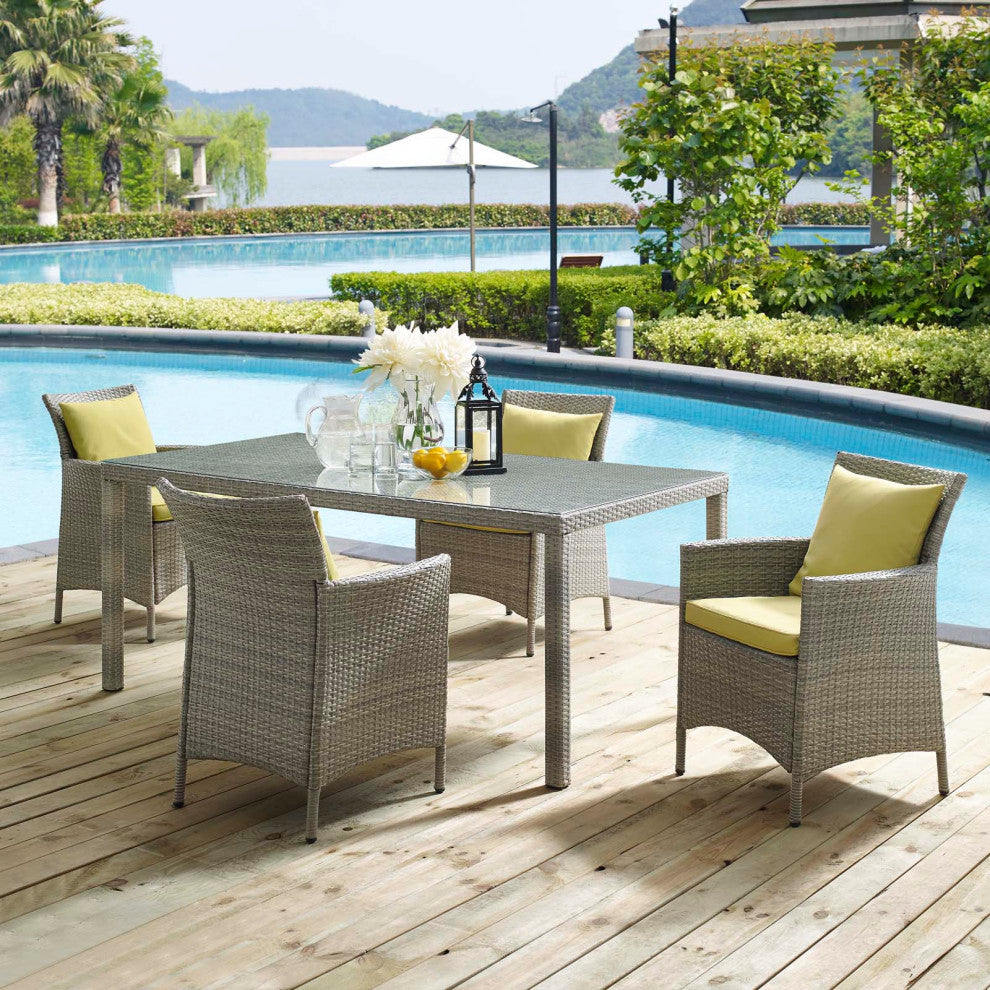 Side Dining Chair and Table Set, Rattan, Wicker, Gray Green, Outdoor
