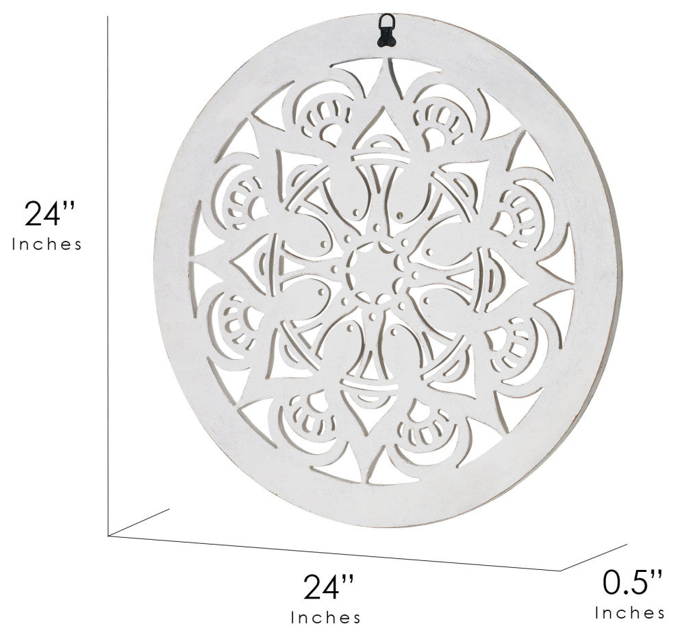 Distressed Wood Framed Round White Floral Wall Accent Medallion - 24"