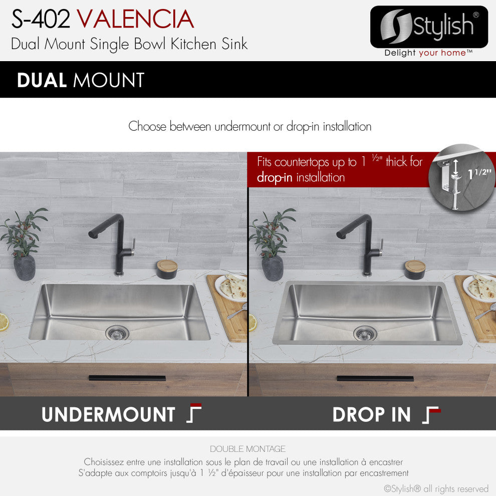 STYLISH Valencia Dual-Mount 31" Stainless Steel Single-Bowl Kitchen Sink