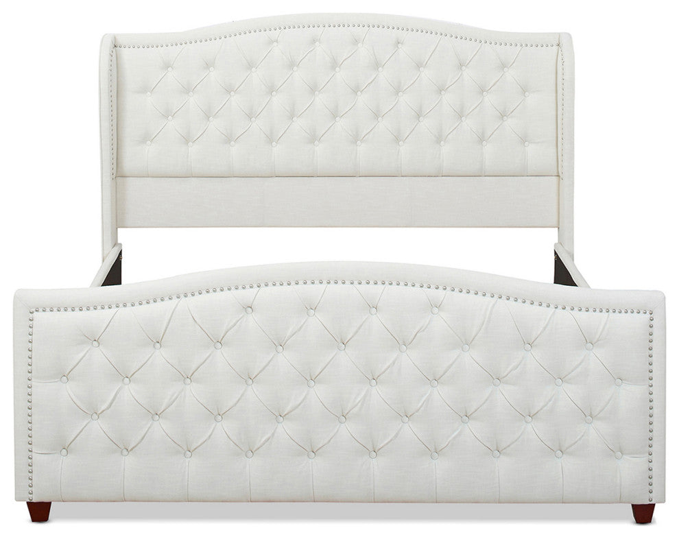 Marcella Upholstered Tufted Shelter Wingback Panel Bed, Antique White Polyester, King