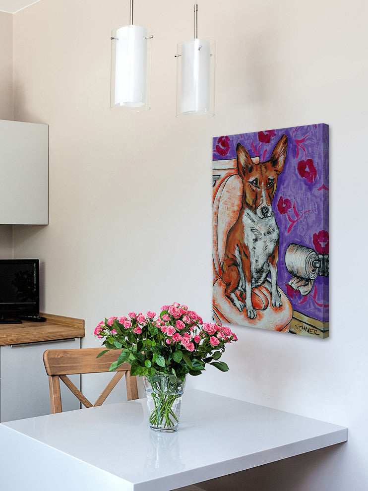"Basenji Bathroom" Painting Print on Wrapped Canvas, 16"x24"