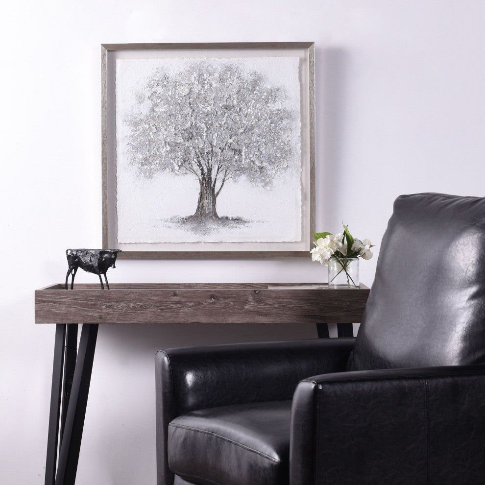 Silver Foliage Shadow Box Wall Art With Foil On Rice Paper Gray Wash Frame