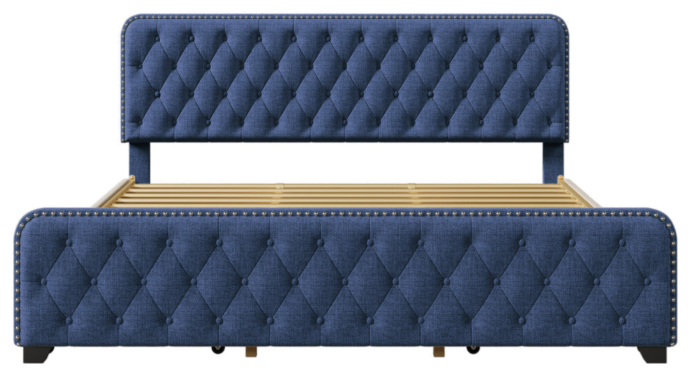 Metal Platform Bed with Headboard, Upholstered and 4-Drawer, Blue, 84.6" X 79.5"