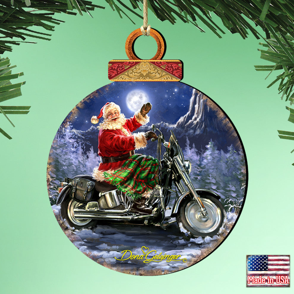 Santa Motorcycle Rider Wooden Ornament by Dona Gelsinger