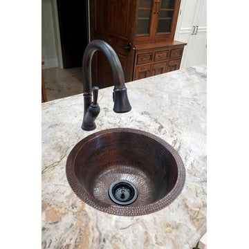 16" Round Hammered Copper Bar Sink With 2" Drain Size, 3.5"