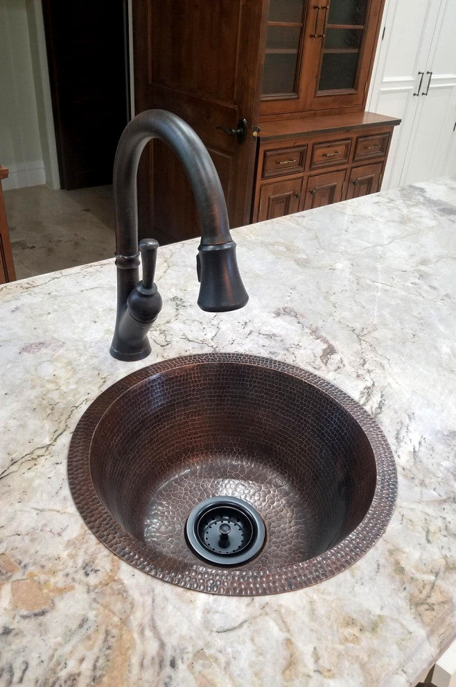 16" Round Hammered Copper Bar Sink With 2" Drain Size, 3.5"