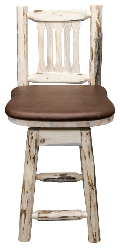 Montana Bar Stool With Back and Swivel, Saddle Upholstery, Clear Lacquer Finish