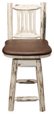 Montana Bar Stool With Back and Swivel, Saddle Upholstery, Clear Lacquer Finish