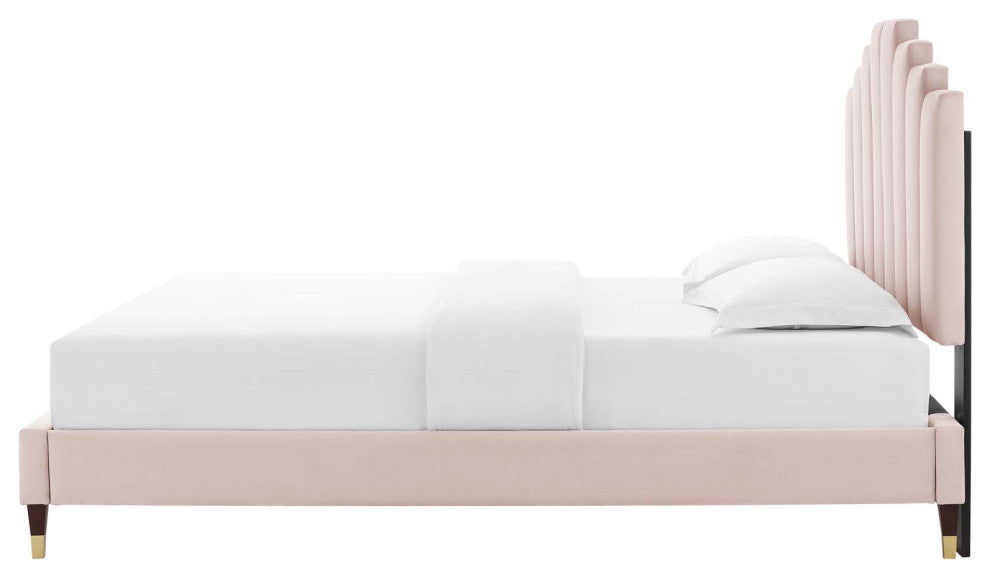 Platform Bed Frame, Full Size, Velvet, Pink, Modern Contemporary, Bedroom Master