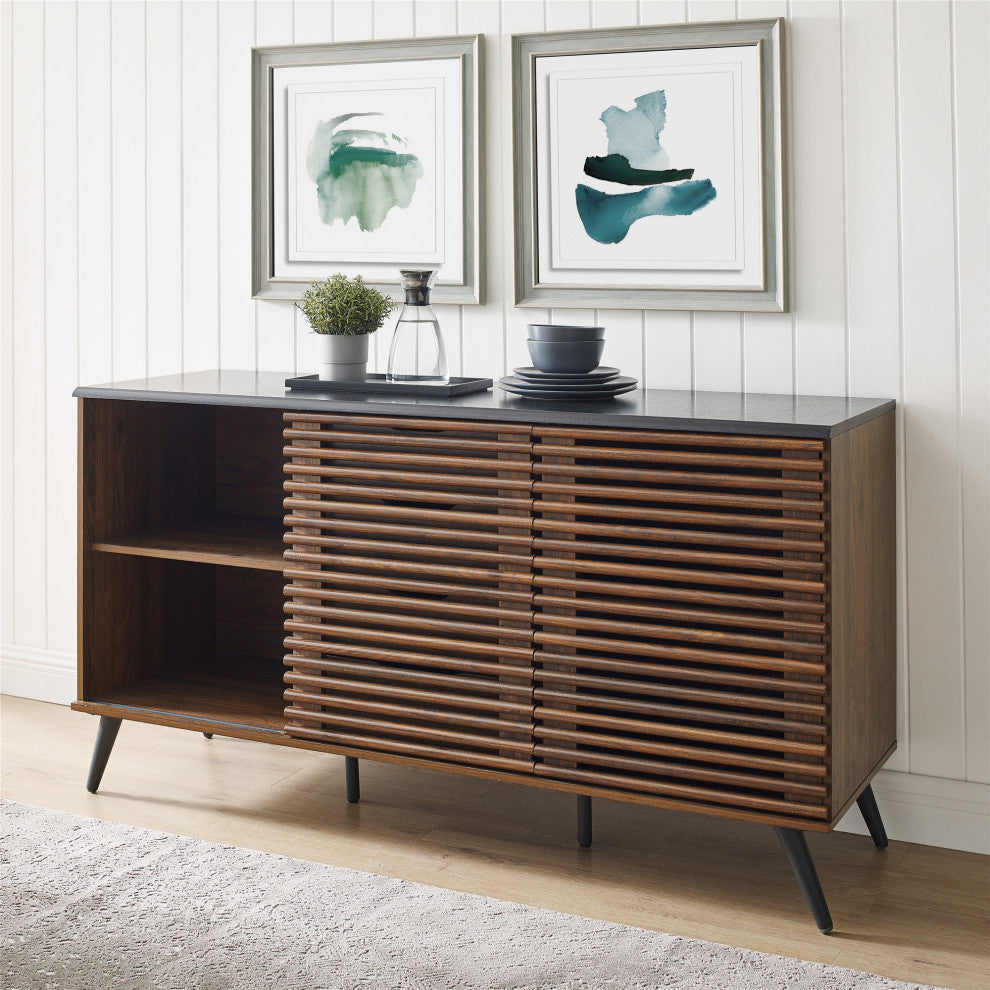 59" Havana Sliding Slat Door 4 Drawer Sideboard, Ebony/Dark Walnut