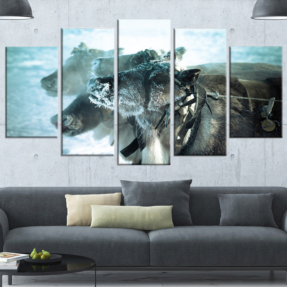 Muzzle Reindeer in Frost, Oversized Animal Wall Art, 60"x32", 5 Panels