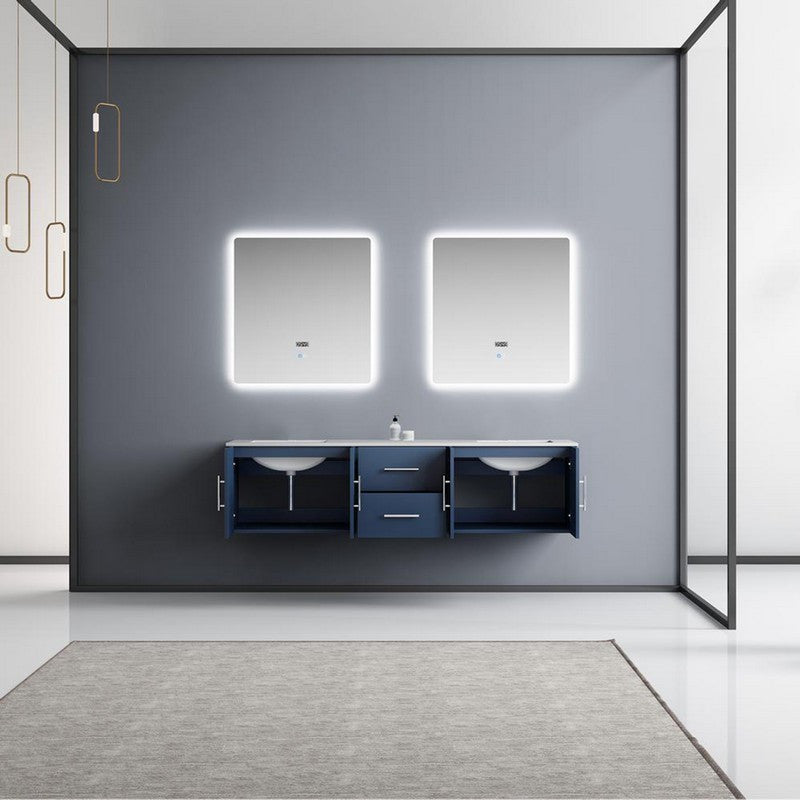 Geneva Transitional Navy Blue 72" Double Vanity with 30" Led Mirrors