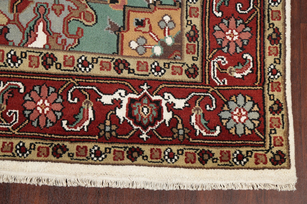 Heriz Oriental Traditional Hand-Knotted Area Rug Indian, Beige, 10'4"x7'11