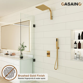 10inch Wall Mounted Rain Shower System With Handheld & Unique Shower Arm, Brushed Gold