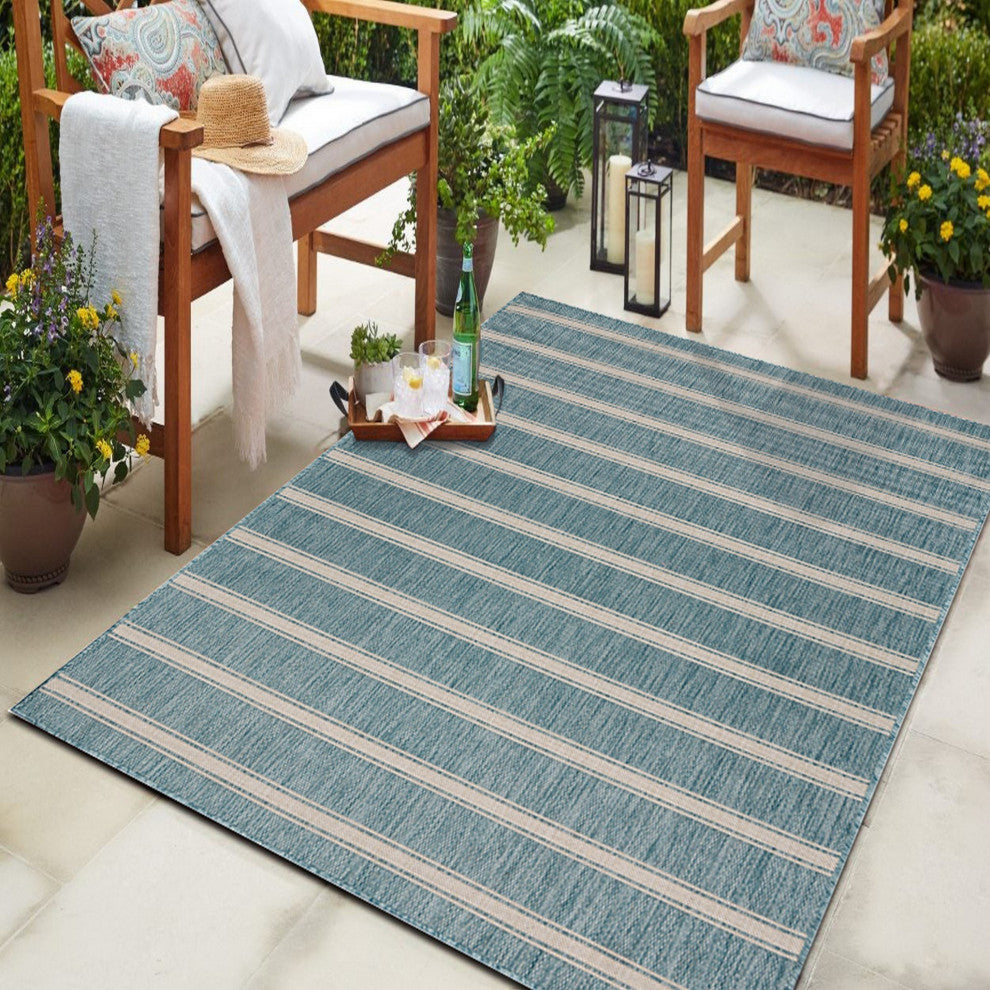 8" x 10" Teal Striped Indoor Outdoor Area Rug