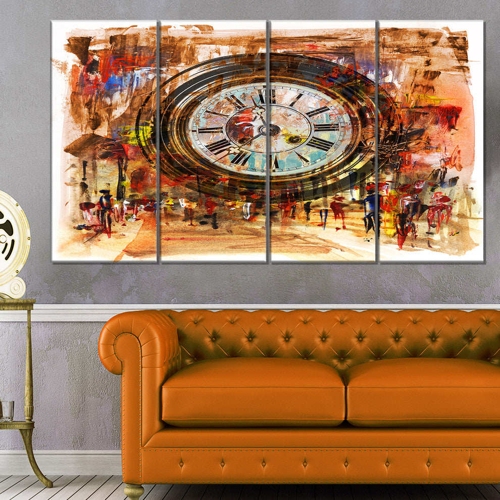 People and Time Acrylic Painting, Abstract Canvas Artwork, 48"x28", 4 Panels