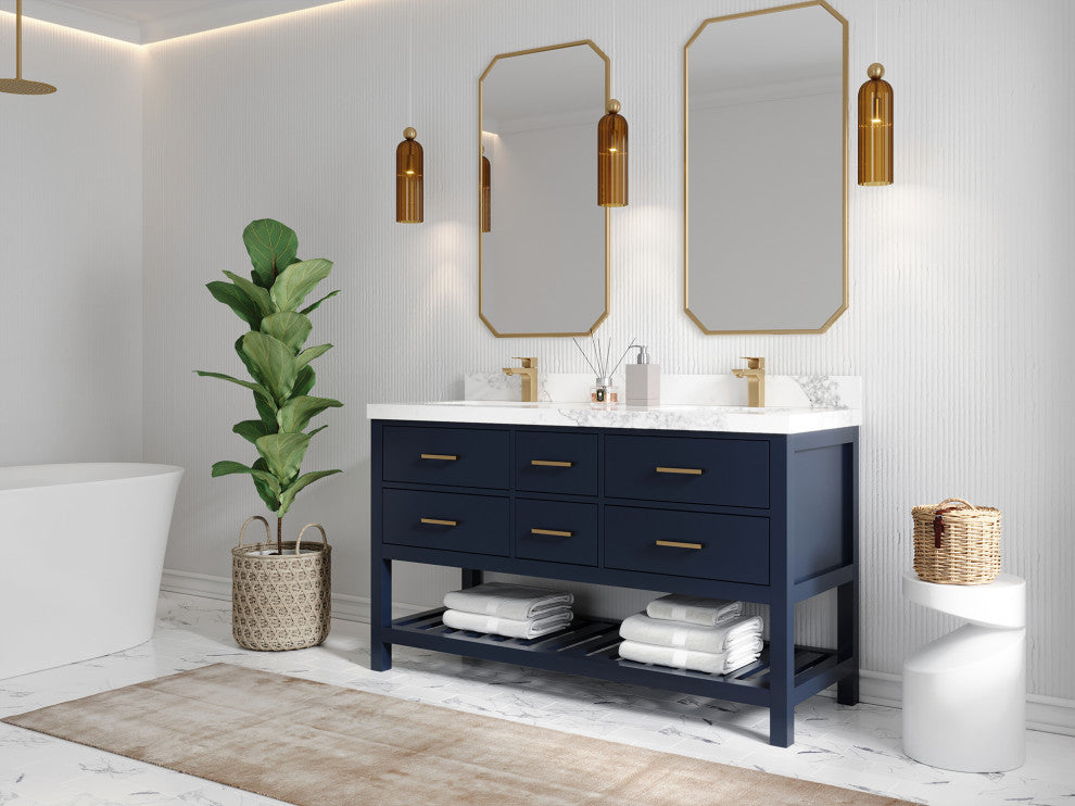 Parker 60 Double Bathroom Vanity Navy Blue 2" White Quartz