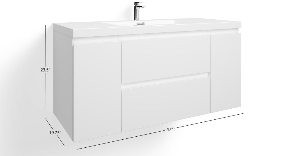 Beacon Bath Vanity, High Gloss White, 48", Single Sink, Wall Mount