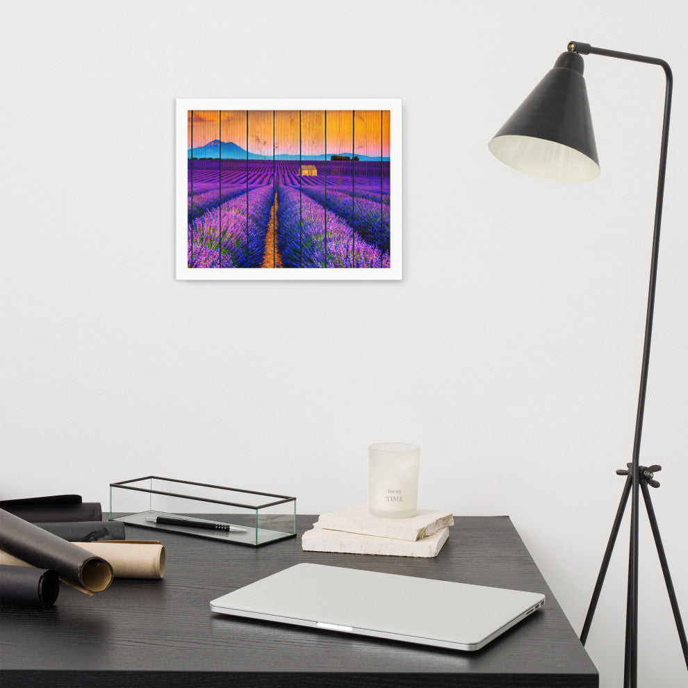 Faux Wood Lavender Fields and Sunset Landscape Framed Photo Paper Wall Art Print, White, 11" X 14"