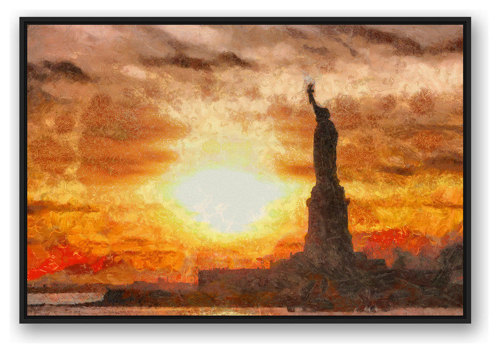 Statue of Liberty Sunset 32x48 Black Floating Framed Canvas