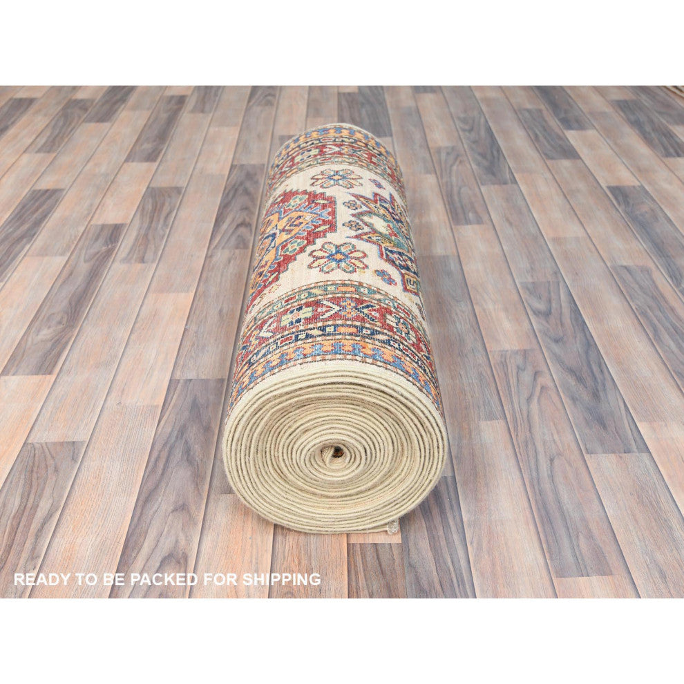 Ivory, Afghan Super Kazak, Soft Wool Hand Knotted, XL Runner Rug, 2'9"x35'8"