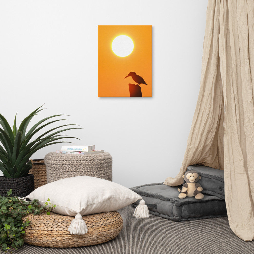 Kingfisher Bird Silhouette Sunset Animal Wildlife Photo Canvas Wall Art Prints, 18" X 24"