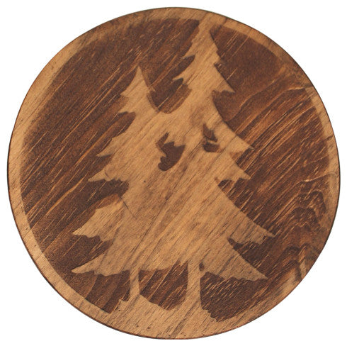 Burnt Sienna Iron and Stained Wood Round Drink Table With Pine Trees