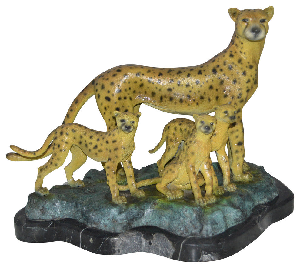 Cheetah Family Bronze Statue on Marble -  Size: 24"L x 14"W x 18"H.