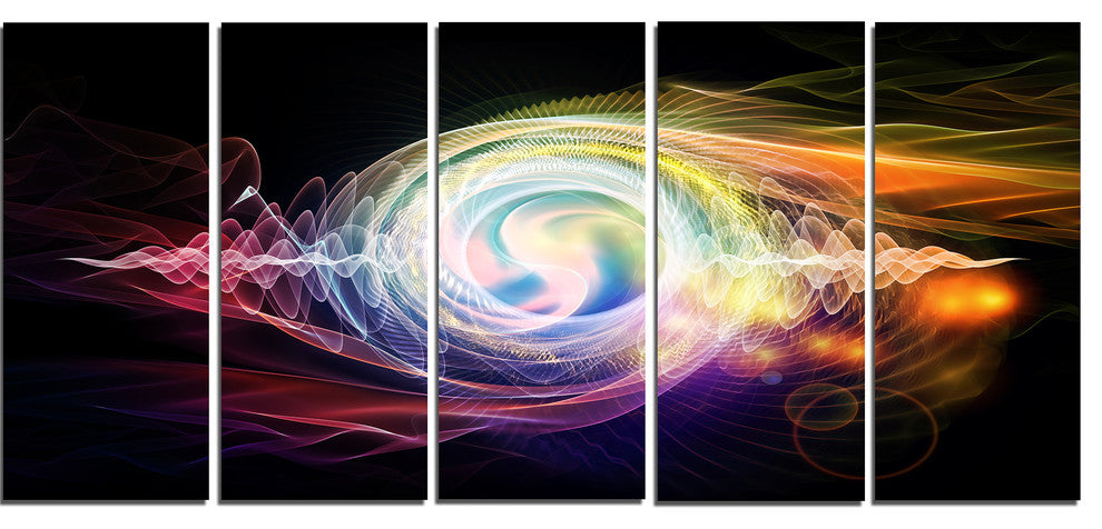 Bright Wave Particle in Air on Black, Abstract Canvas Art, 60"x28", 5 Panels