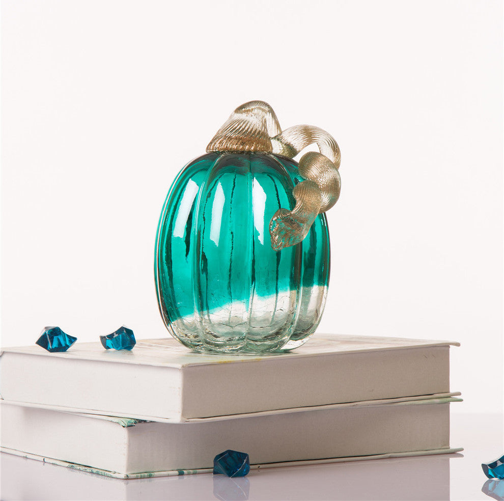Handblown Turquoise Crackle Oblate Glass Pumpkin