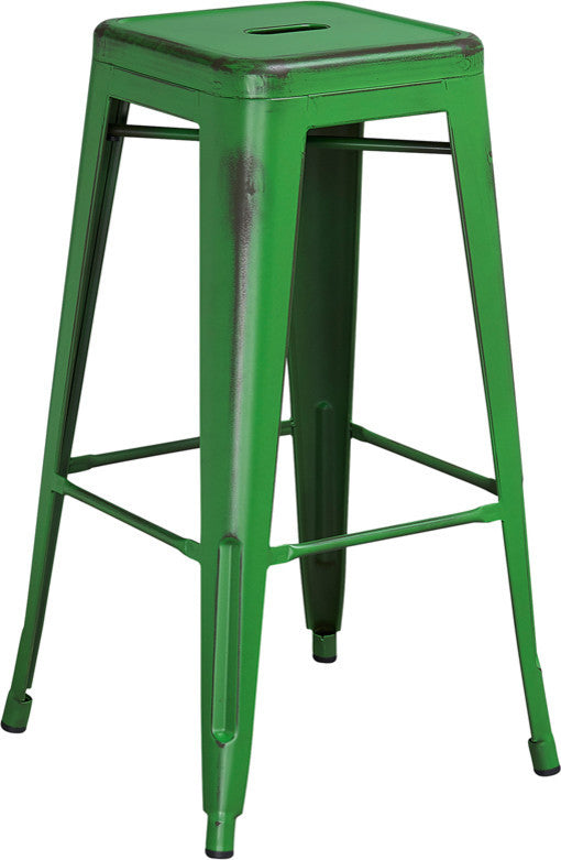 Commercial 30"High Backless Distressed Green Metal Indoor-Outdoor Barstool